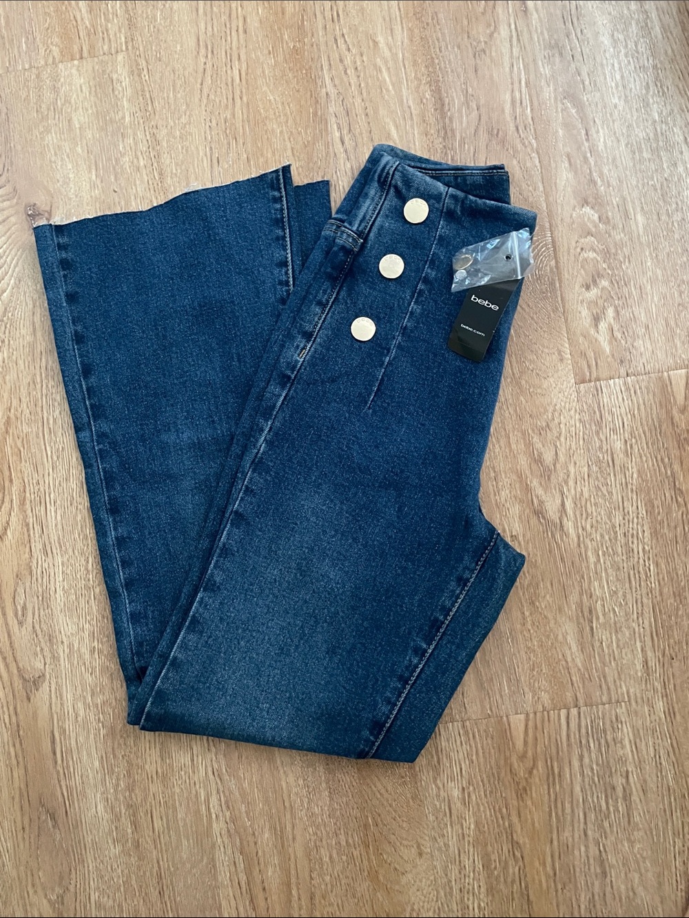 bebe Dark Blue Wide-Leg High-Rise Jeans with Gold Buttons